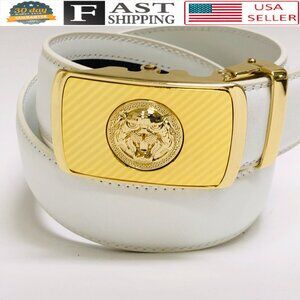 Fashion Leather Gold Slide White Mens Belt AutomaticLion Head Buckle Jeans Dress